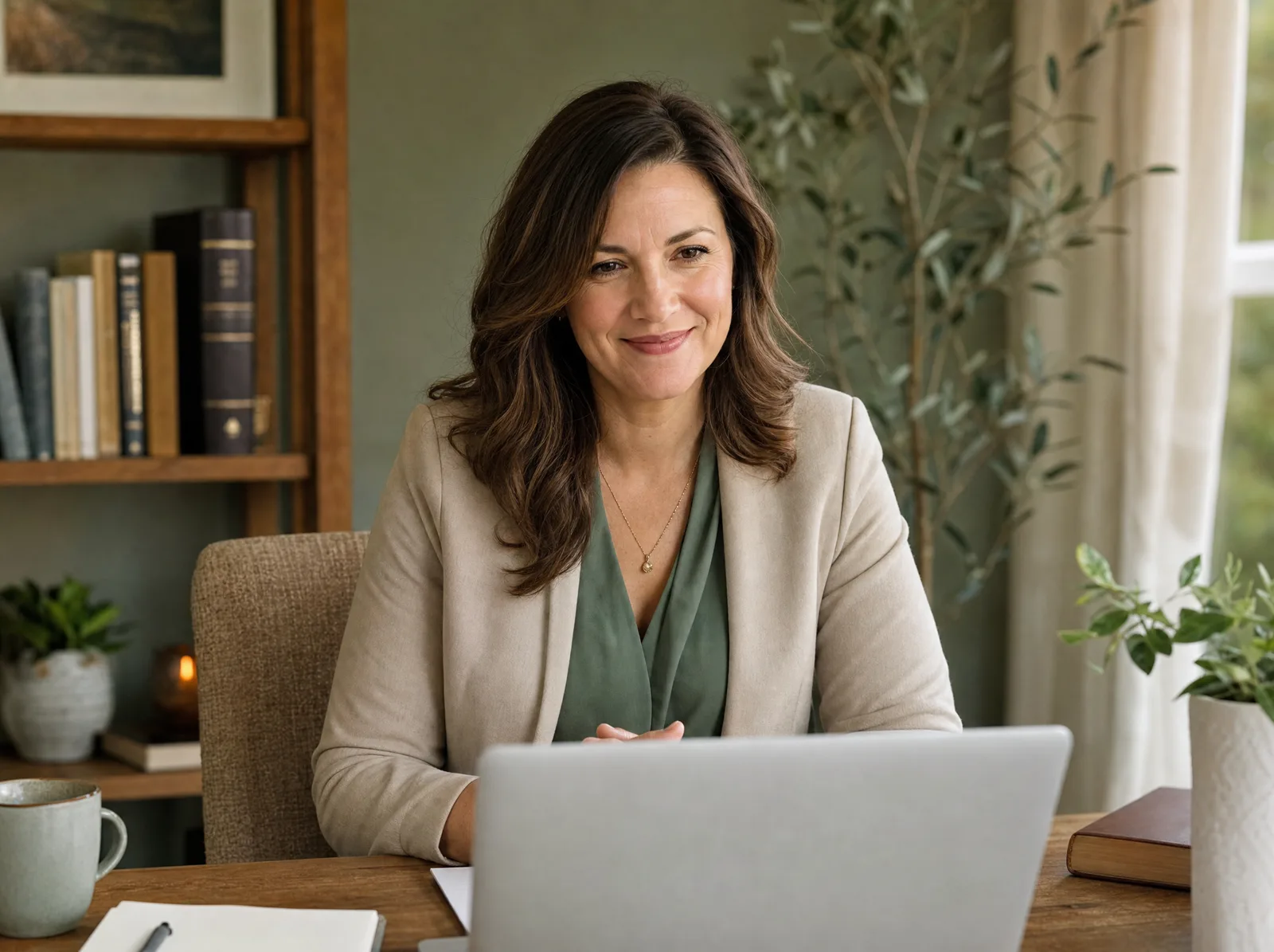 A counsellor in a calm home office, smiling toward her laptop during a video session