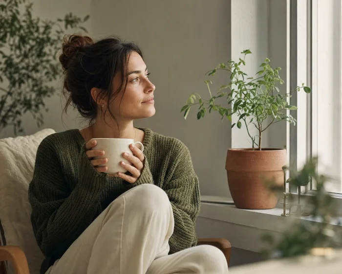A woman pausing with a warm drink by a sunlit window
