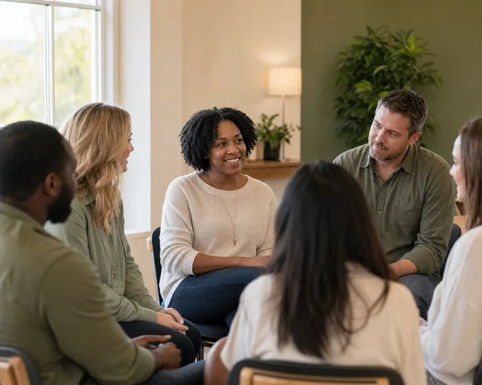 A small community group talking warmly in a bright room