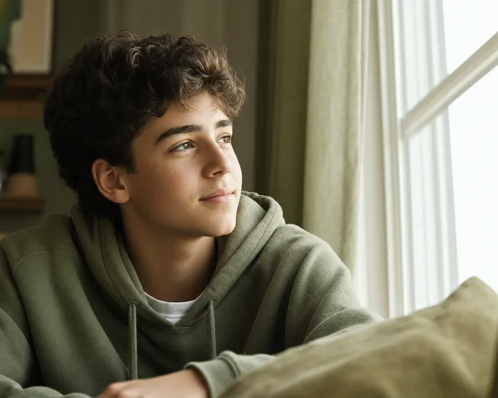 A thoughtful teenager resting by a bright window