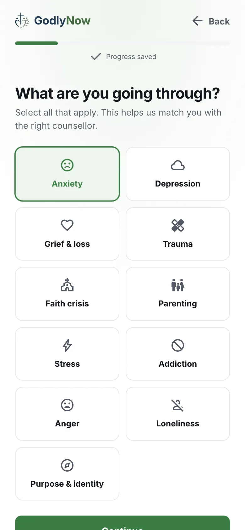 GodlyNow assessment screen showing concern selection