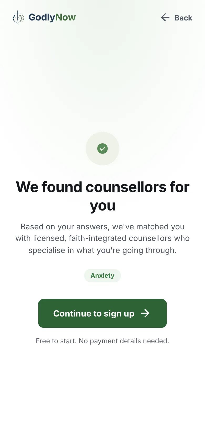 GodlyNow match results screen confirming counsellor matches